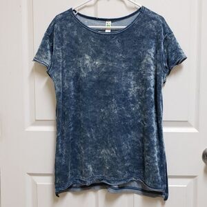 Green Tea Top Womens M Blue Crushed Velvet Short Sleeve Round Neck Hi Low Boho